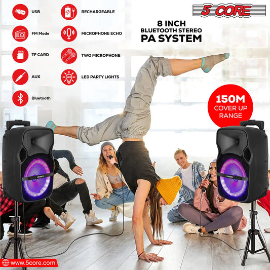 5Core 8 inch PA Portable Bluetooth Party Speaker Karaoke Boombox + 2 Wireless Mics