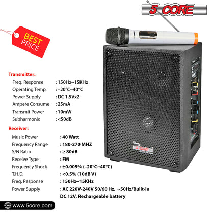 5Core PA Speaker 40W Portable PA System w Wireless Mic Small Rechargeable Public Speaking Machine