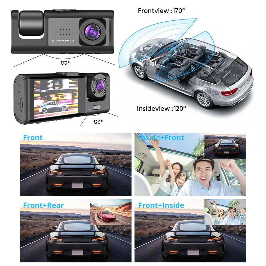 Car Dual Lens Dash Cam HD 1080P Front/Rear/Inside Video Recorder Camera G-Sensor